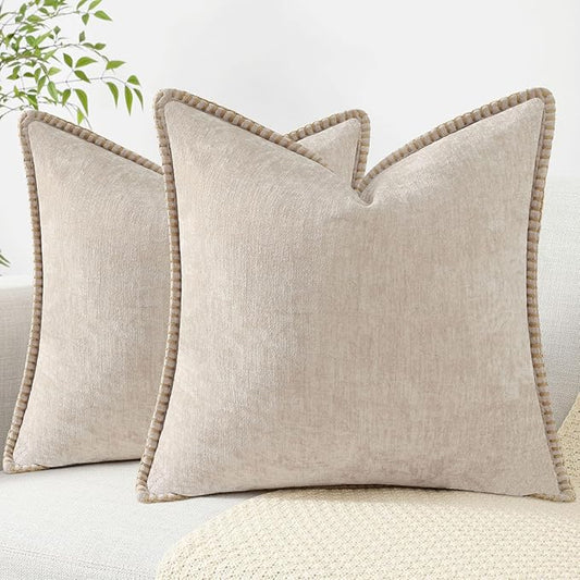 decorUhome Chenille Soft Throw Pillow Covers 16x16 Set of 2, Farmhouse Velvet Neutral Decorative Euro Pillow Covers with Stitched Edge for Couch Sofa Bed Home Decor, Beige