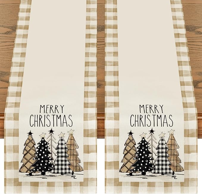 Artoid Mode Brown Buffalo Plaid Xmas Trees 2PCS Merry Christmas Table Runner, Seasonal Winter Holiday Table Decoration for Home Party Decor 13 x 72 Inch