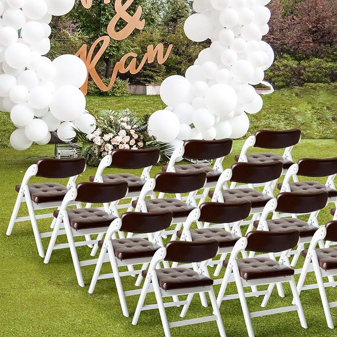 Padded Folding Chairs with Cushion, Stackable Wooden Foldable Chair Set of 2, Padded Folding Chairs with Cushion for Guests Kitchen, Office, Wedding, Picnic, Party Chair (White Brown)