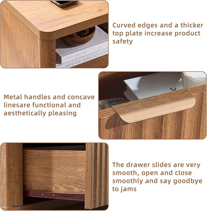 LEYAOYAO 31" Wide Fluted Nightstand with Charging Station, Oversized Extra Large 2 Drawers Night Stand,Brown Wood Bedside Table,Tall Bed Side End Tables,Modern Chest of Drawers Dressers for Bedroom