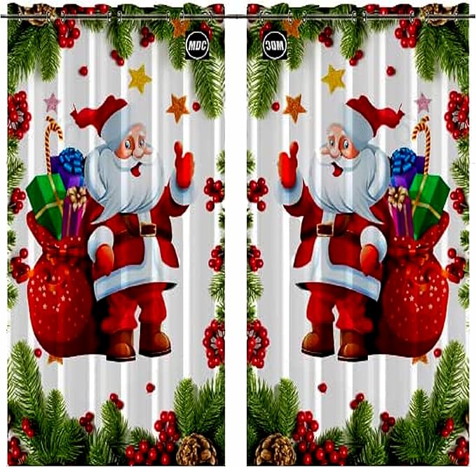Xmas Decorative Curtain 48x84 Inches for Living Room, Bedroom, Kitchen, Doorway and Shower Traditional Graphic Printed Santa Claus Snowflakes Ribbon Grommet Farmhouse Window Curtains (1 Curtain Only)
