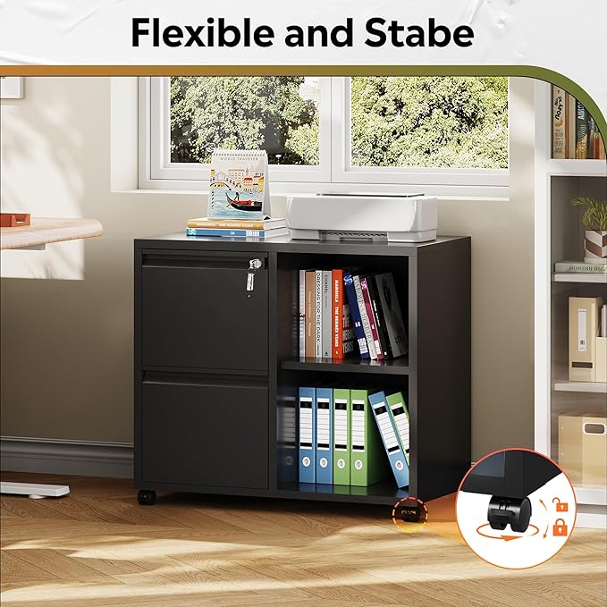 DEVAISE Metal Lateral File Cabinet with Lock, 2 Drawer Mobile Filing Cabinet with Shelf, Rolling Printer Stand fits Letter/A4 Size for Home Office, Black