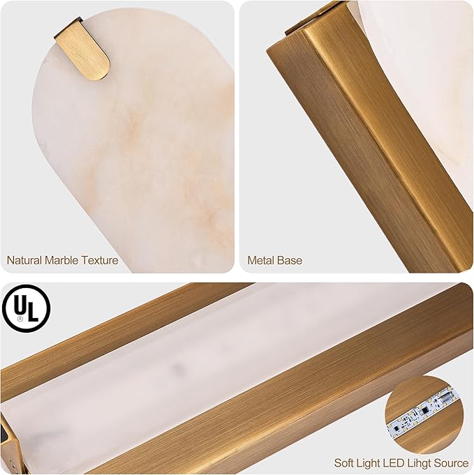 ZEROUNO Alabaster Wall Sconces, 14.2 inch Natural Marble Wall lamp,Dimmable Alabaster Wall Light Fixtures for Stairs Bathroom Living Room Bedroom or Vanity,Hallway(Brushed Bronze