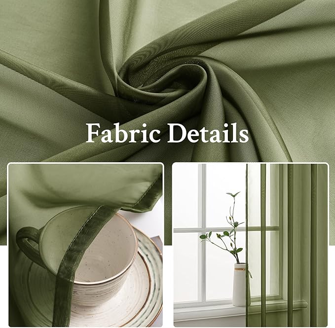 MIULEE 2 Panels Solid Color Sheer Window Curtains Elegant Window Voile Panels/Drapes/Treatment for Bedroom Living Room (54X63 Inches Olive Green)