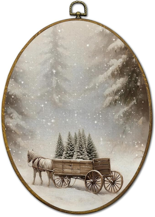 QZQE Vintage Christmas Winter Forest Oval Wall Art Decor Framed, Winter Landscape Pine Trees Carriage Oval Canvas Prints, Cozy Rustic Wall Hanging Decor for Home Bedroom Living Room, 8.6x11.4 Inch