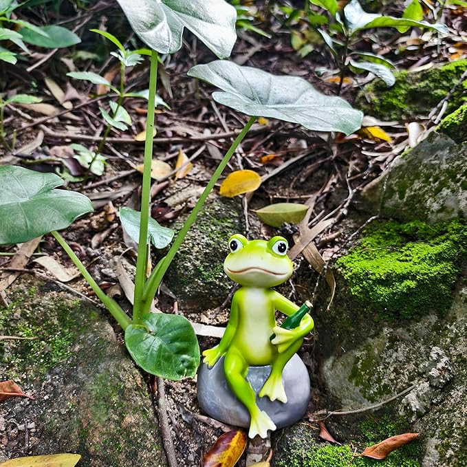 Frog Figurine Garden Decor for Outside, Frogs Statue Plant Decorations for Pots, Fairy Garden Figurines for Lawn Ornaments, Yard Decorations Outdoor, Frog Gifts for Women (1, Stone Frog)