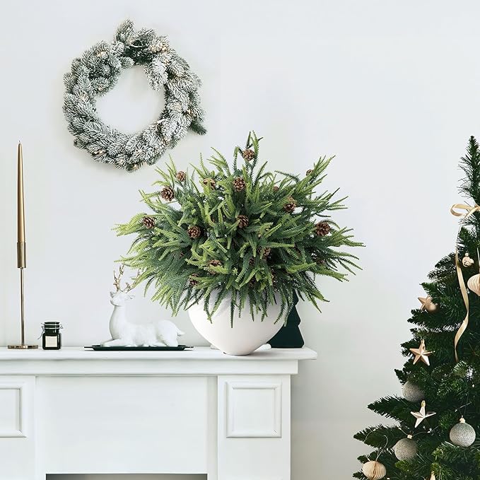 N&T NIETING 24in Christmas Norfolk Pine Stems Real Touch Artificial Norfolk Pine Branches with Pine Cones Stems Faux DIY Greenery Pine Picks for Xmas Indoor Outdoor Home Décor(18 Pcs)
