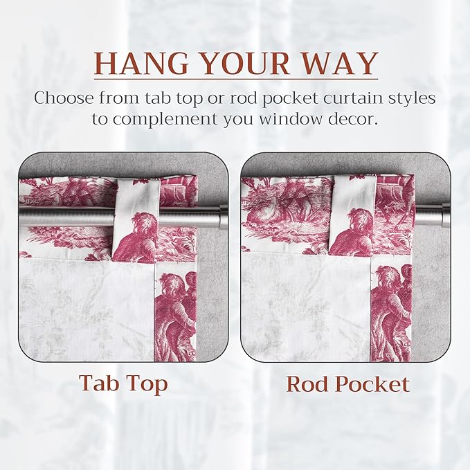 Maison d' Hermine Curtains for living room 100% Cotton 108 inch length Two Panels Light Filtering Toile Curtains for Bedroom with rod and loop Pockets (The Miller Red (White Background), 50"W x 108"L)