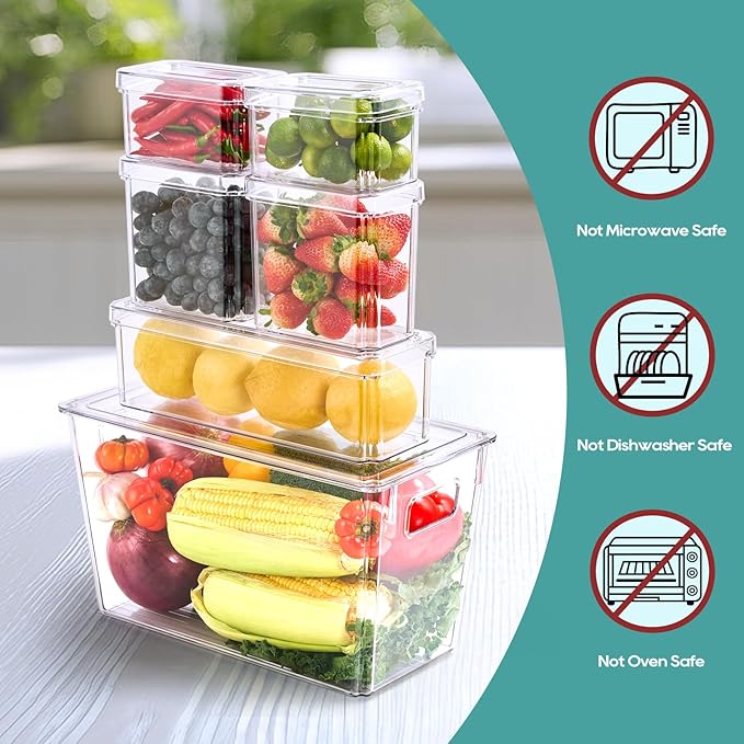 MUCHII 6 Pack Fridge Organizers and Storage, Stackable Fridge Organizer Bins with Lids, Kitchen Organizer Storage Containers for Fruit, Food, Vegetables
