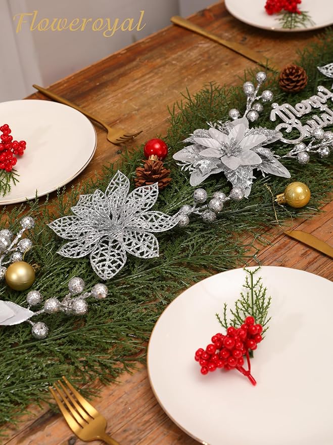Floweroyal 30pcs Poinsettia Artificial Christmas Flowers Decorations with Clips and Berry Stems Glitter Ornaments for Christmas Tree Wreath Fireplace Stairs Decor (Silver-3 Styles)