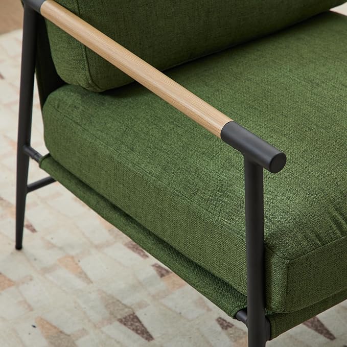 Mid-Century Accent Chair Set of 2, Soft Armchair Linen Fabric Lounge Chair with Black Metal Legs, Upholstered Leisure Chair for Living Room Reception Room, Green