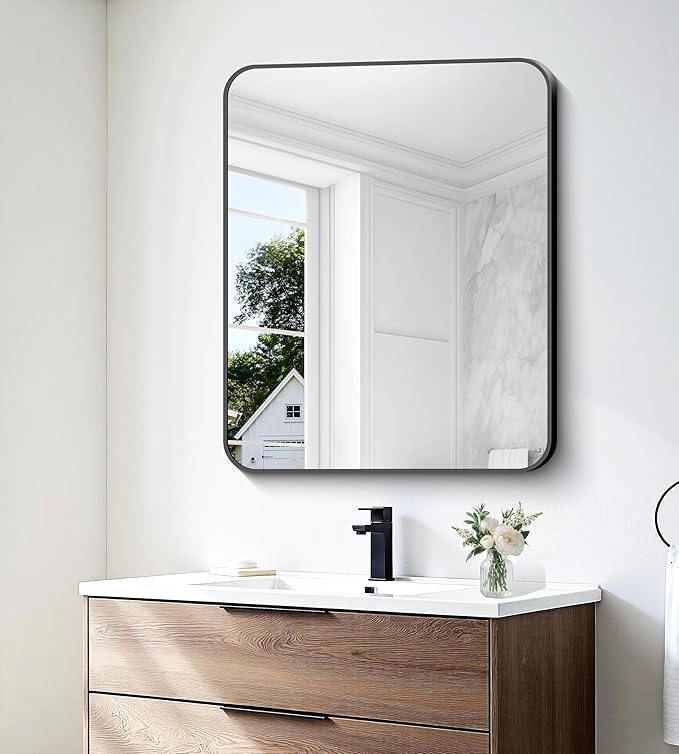 BONEWEI 30x36 inch Bathroom Mirror,Black Rectangle Mirror,Wall Mounted Bathroom Frame Vanity Mirror with Round Corner for Bedroom Living Room, Entryway Hangs Horizontal or Vertical