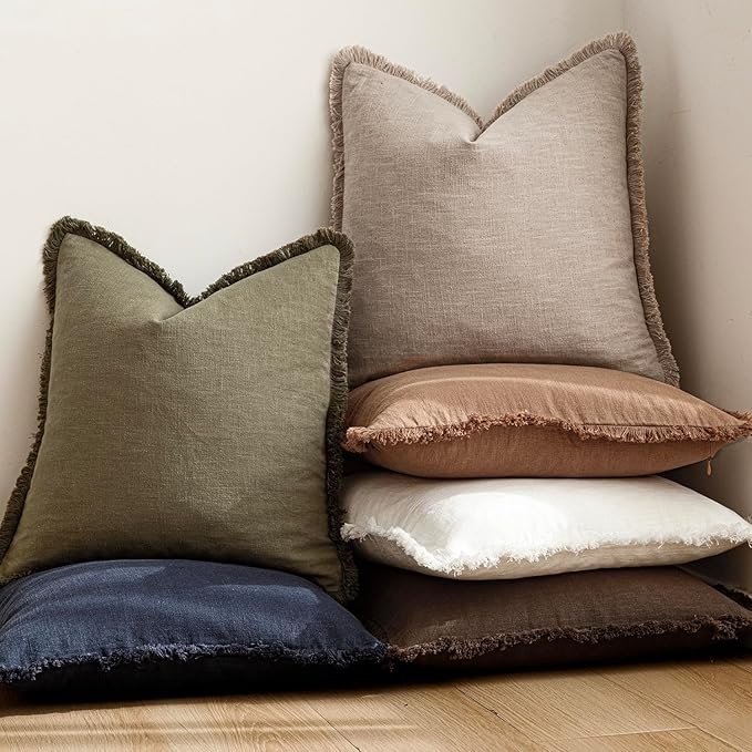 Foindtower Set of 2 Decorative Linen Fringe Throw Pillow Covers Farmhouse Cushion Cover with Tassels Soft Accent Pillowcase for Couch Chair Sofa Bed Living Room Home Decor,18×18 Inch,Natural Linen
