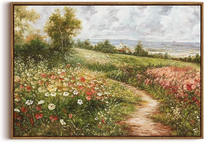 KISSFOX Vintage Landscape Framed Wall Art Spring Rustic Pathway Flower Field Canvas Art Natural Countryside Paintings Artwork Farmhouse Art Prints For Bedroom Bathroom Living Room