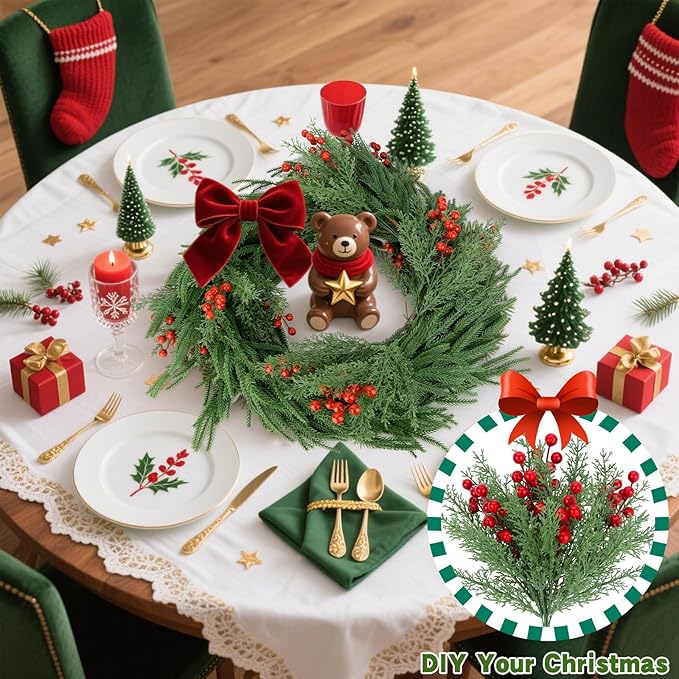 4 Bundles Artificial Christmas Flowers with Red Berry Stems, Fake Norfolk Pine Garland Branches for Winter Decor, Faux Christmas Garland Tree Picks and DIY Crafts