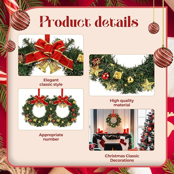 Lyrow 6 Pcs Lighted Christmas Wreath with Red Bow Ornament 13 Inch Prelit Xmas Battery Operated Christmas Wreaths for Front Door Outdoor Holiday Wall Indoor Xmas Decorations Party Decor(Stylish)