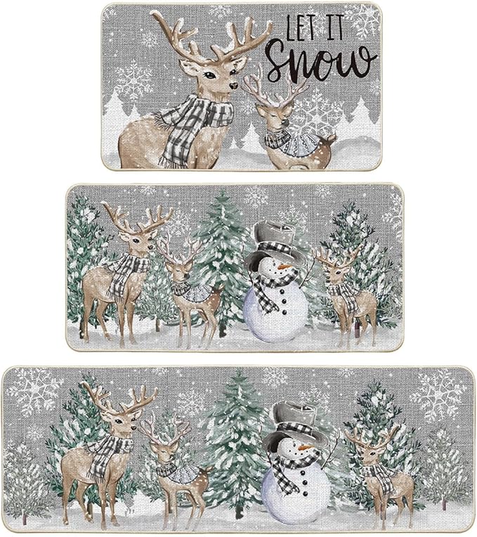 Artoid Mode Deer Tree Let It Sonw Snowflakes Christmas Kitchen Mats Set of 3, Winter Decor Low-Profile Kitchen Rugs for Floor - 17"x29"+17"x36"+17"x47"