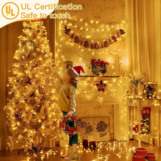 Ollny Christmas Lights Outdoor 400LED 131FT, Warm White Fairy Lights with Remote 3 Timer, Plug in 8 Modes String Lights for Bedroom Indoor Outside House Party Xmas Decorations