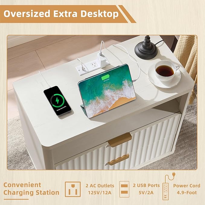 LEYAOYAO 31" Wide Fluted Nightstand Set of 2 with Charging Station, Oversized Extra Large 2 Drawers Night Stand,White Wood Bedside Table,Tall End Tables,Modern Chest of Drawers Dressers for Bedroom