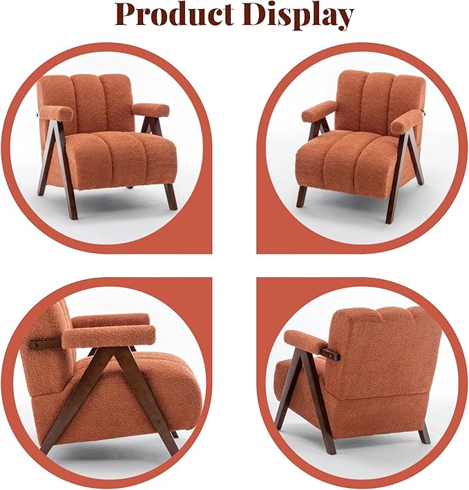 Mid Century Modern Accent Chairs Set of 2 with Solid Wood Frame, Boucle Upholstered Living Room Chairs with Thick Cushion, Comfy Tufted Arm Chair for Bedroom, Orange