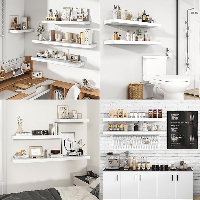 RICHFOCUS 55Inch Floating Shelves for Wall 1 Pack Shelves for Bedroom|Kitchen|Bathroom Wall Mounted Rustic Wood Floating Shelf with Invisible Brackets for Books|Storage|Decor, White