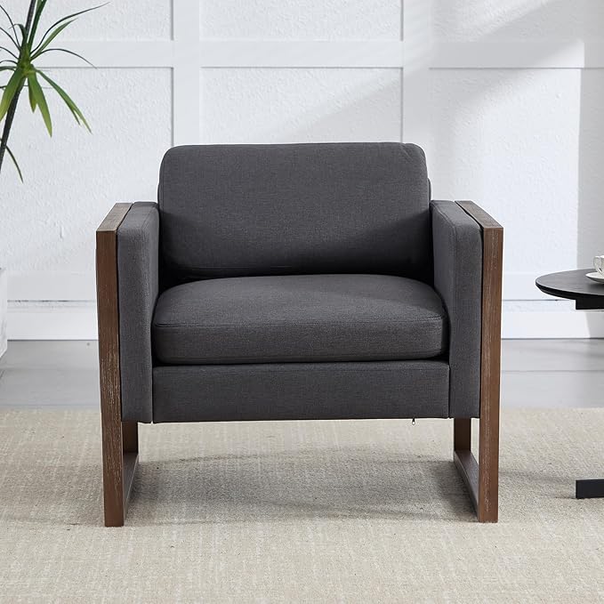 Kmax Modern Accent Chairs, Charcoal Fabric Upholstered Club Chair, Comfy Arm Reception Chairs for Living Room Hotel Conference, Walnut Wood