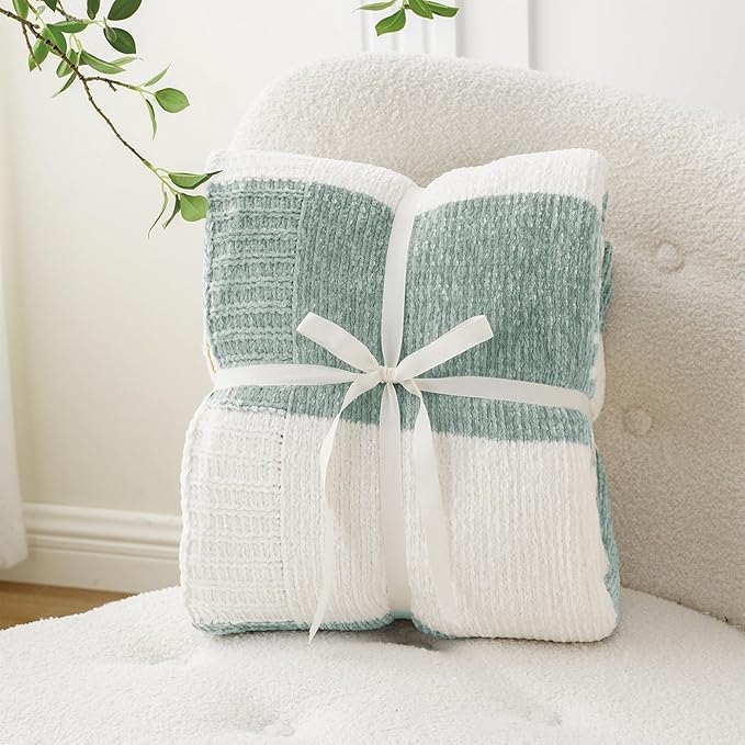 BATTILO HOME Sage Green Throw Blanket for Couch, Farmhouse Chenille Knitted Blanket for Home Decor, Light Green Striped Spring Summer Throw Blanket, 51"x67"