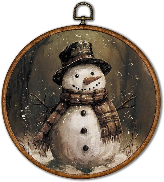 KSDUT Vintage Snowman Wall Decor Art - Retro Christmas Winter Wall Art Canvas Frame Hanging Prints, Merry Xmas Holiday Round Wall Art Decor for Home Farmhouse Decorations 10"x10"