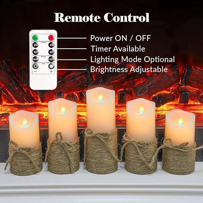 Crystal Club Flameless Candles Flickering with Timer, Set of 5 Battery Pillar Candles with Hemp Rope, Realistic Wax Candle Lights for Summer Party Home Table Décor