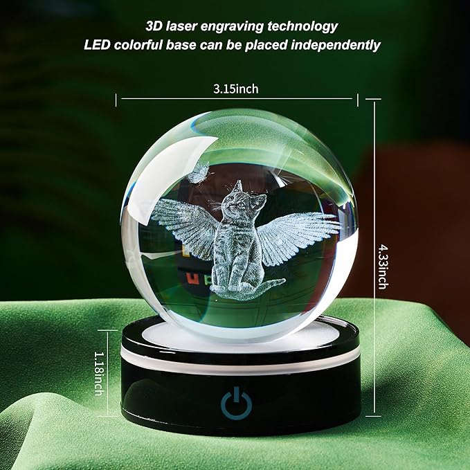 3D Crystal Cat and Butterfly Figurines Ball with Colorful Light Base, Meaningful Gifts for Women Men,Birthday Gifts for Cat Lover, Animal Collection for Home Decor