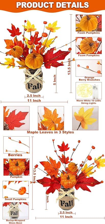 2 Pack & Timer Fall Decor 13.5 Inch Fall Centerpieces for Tables with 20 Lights, Thanksgiving Decorations Mason Jar with Maples Leaves Pumpkins Berried Fall Decorations for Table Coffee Table Kitchen