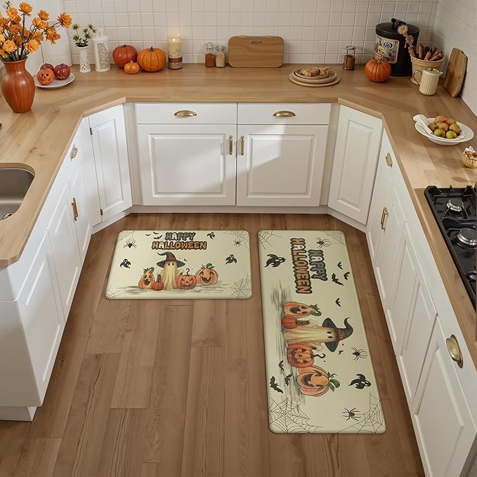 GENIMO Halloween Decorations - Kitchen Mats for Floor, 2PCS Kitchen Rugs, Cushioned Anti Fatigue Mat for Home Decor, Waterproof Non-Slip Comfort Standing Mat for Laundry, 17.3"x47"+17.3"x30", Beige