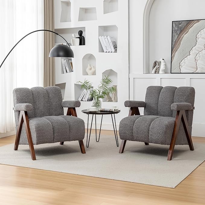 Mid Century Modern Accent Chairs Set of 2 with Solid Wood Frame, Boucle Upholstered Living Room Chairs with Thick Cushion, Comfy Tufted Arm Chair for Bedroom, Grey