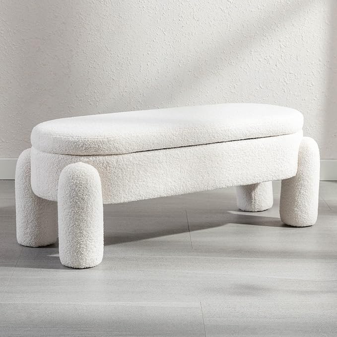 DUOMAY Sherpa Storage Ottoman Bench, Upholstered Fabric Storage Bench End of Bed Stool for Bedroom Living Room Entryway, 44.75" Width, White