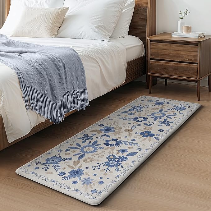 GENIMO Kitchen Mats for Floor 2PCS, Cushioned Kitchen Rugs Non Slip Washable, Farmhouse Anti Fatigue Mat Waterproof, Comfort Standing Mat Rug for Office, Home, Laundry, 17.3"x47"+17.3"x30", Beige&Blue