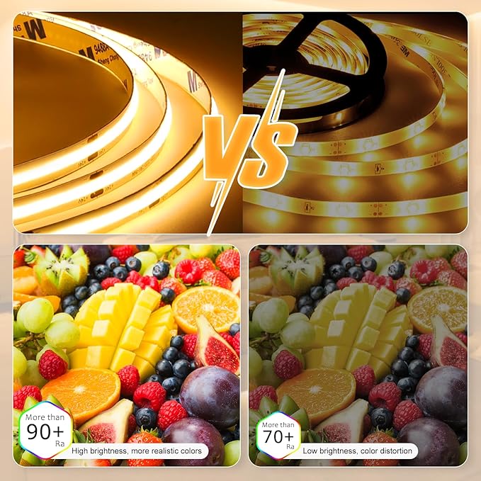 COB LED Strip Light Warm White, 33ft Dimmable 3000K Super Bright White Led Lights Strip with RF Remote and UL Power Supply, 24V Flexible LED Tape Light for Bedroom, Kitchen, DIY Lighting