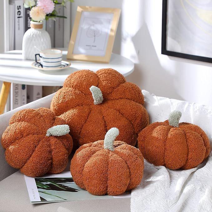 Kajaia 4 Pcs Fall Decor Pumpkin Throw Pillow Fall Pillow 11 Inches 7 Inches 3D Cushion Thanksgiving Sherpa Plush Fluffy Stuffed for Autumn Halloween Christmas Home Sofa(Brown)