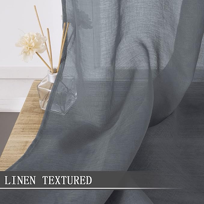 Tollpiz Short Sheer Curtain Living Room Linen Textured Curtains Sheer Light Filtering Voile Rod Pocket Curtain for Bedroom, 38 x 54 inches Long, Dark Grey, Set of 2 Panels