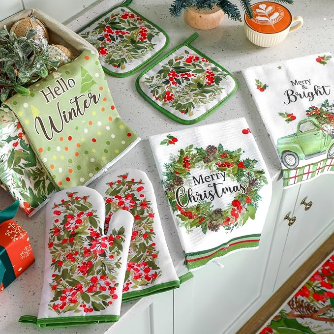 10 Pcs Christmas Kitchen Decor Set Kitchen Towels and Rugs Oven Mitts Pot Holders Absorbent Towels for Baking Cooking BBQ Gifts Home Decor(Green,Green Leaf Wreath)