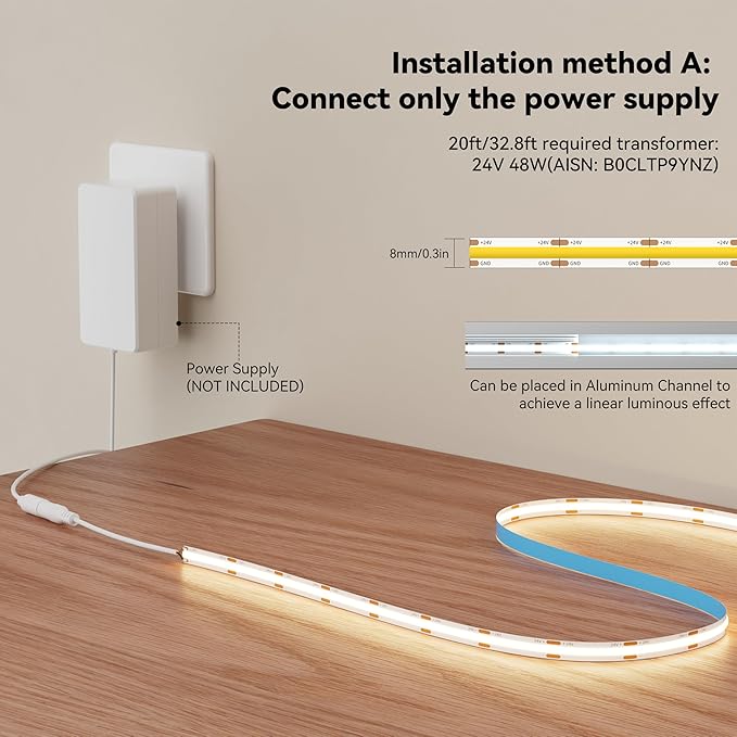MIWISE COB LED Strip 32.8ft/10m,CRI 90+ Warm White 3000K High Lumen Super Bright Flexible DC24V LED Tape Light,for Cabinet Home Office DIY Lighting Projects(Adapter&Controller NOT Included)