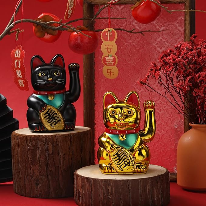 2 Pcs 5 Inch Lucky Cat Waving Arm Maneki Neko Lucky Fortune Cat Chinese Fengshui Welcoming Decoration for Home Office Restaurant Shop Gifts Decor Battery Operated (Battery Not Included)