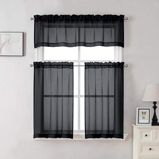 Aiyufeng Kirei 2 PCS Black Sheer Textured Curtains 36 inch Length, Faux Linen Textured Soft Elegant Short Cafe Curtains for Farmhouse Bathroom Bedroom Small Windows, Each 30Wx36L inch