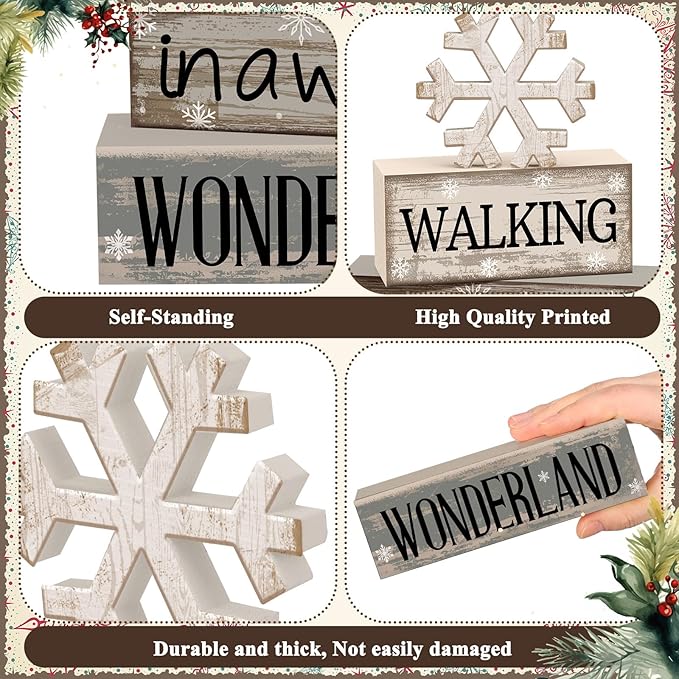 4 Pcs Christmas Table Decorations Wooden Snowflake Decor Winter Tiered Tray Decor Rustic Snow Block Signs Gift Farmhouse Christmas Centerpiece for Winter Wonderland Party Kitchen Shelf Home