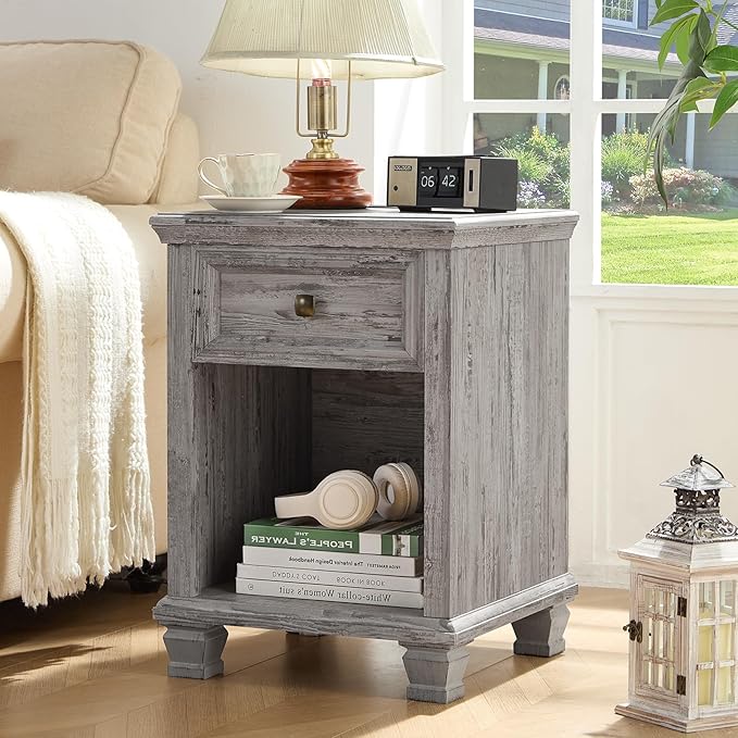 Farmhouse End Tables Living Room Set of 2, Rustic Wood Nightstand with 1 Drawer, Bedside Table with Open Shelf for Bed Room, Side Table for Living Room, Grey