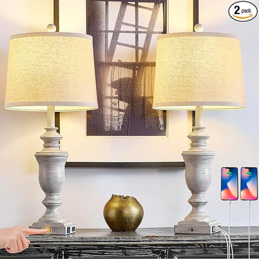 27.5" Set of 2 Farmhouse Table Lamps for Bedroom, 3 Way Dimmable Bedside Lamp with 2 USB +AC Outlet Nightstand Lamps for Living Room Resin Rustic Touch Lamps (Antique Gray)
