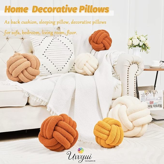 Uvvyui Knot Pillow Ball, Soft Home Decorative Pillows, Round Throw Pillow, Handmade Knotted Plush Pillow, Round Boucle Pillow Cushion (14 Inches Dark Yellow)