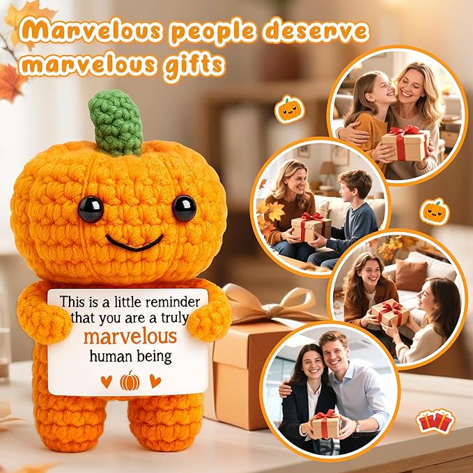 Mini Pumpkin Man Halloween Decor Indoor Gifts, Halloween Basket Gifts for Women Teen Girl Boy Kid, Spooky Boo Basket Stuffers, Fall Thanksgiving Decorations for Home, Handmade Crochet Pumpkin Decor