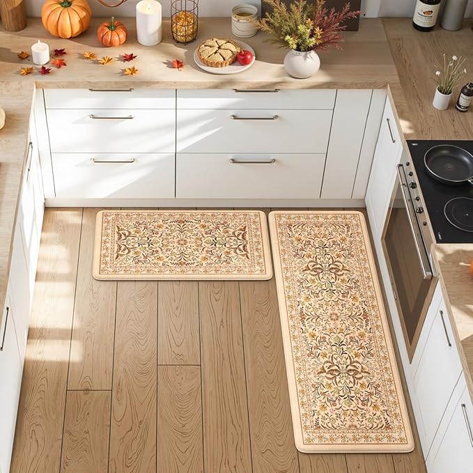 Collive Kitchen Mats for Floor, Cushioned Anti Fatigue Mat Non Skid Waterproof Kitchen Rugs Set of 2, Fall Orange Floral Comfort Standing Rug for Sink, Laundry, Home Decor, 17"x29"+17"x47"