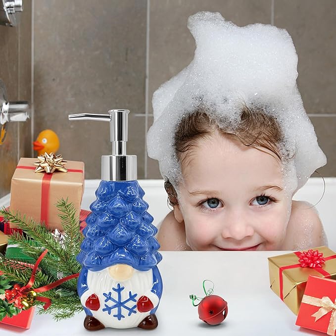 Hexagram Christmas Soap Dispenser, Christmas Kitchen Bathroom Decor, Xmas Blue Gnome Ceramic Soap Dispenser for Home Indoor Decorations, Xmas Refillable Lotion Essential Oil Dispensers with Pump