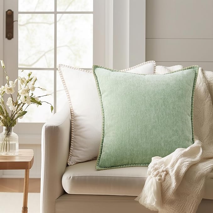 decorUhome Christmas Chenille Soft Throw Pillow Covers 22x22 Set of 2, Farmhouse Velvet Neutral Decorative Euro Pillow Covers with Stitched Edge for Couch Sofa Bed Home Decor, Sage Green